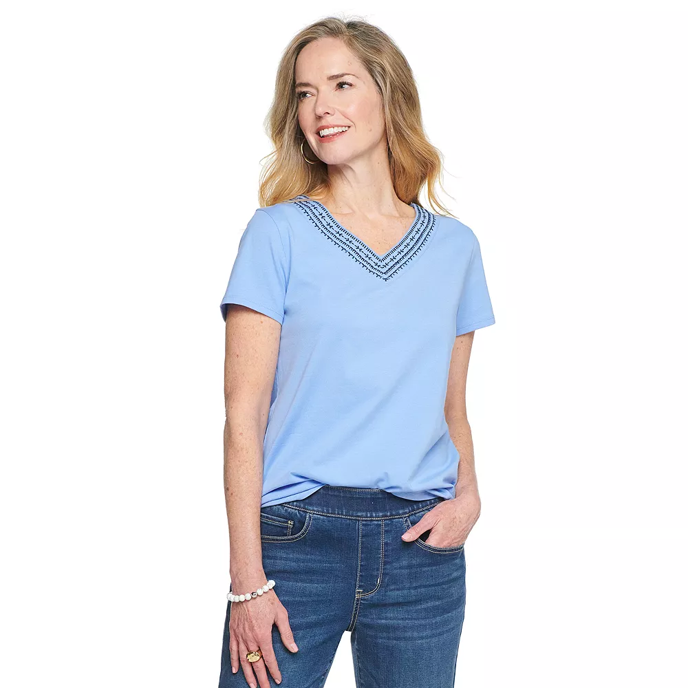 Women's Croft & Barrow® Embroidered V-Neck Top - Image 3