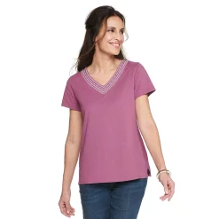 Women's Croft & Barrow® Embroidered V-Neck Top